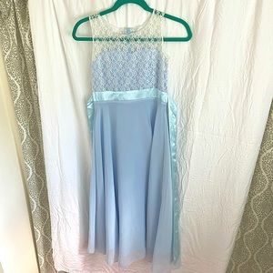 Baby blue formal girls dress. Floral design satin zipper dress.